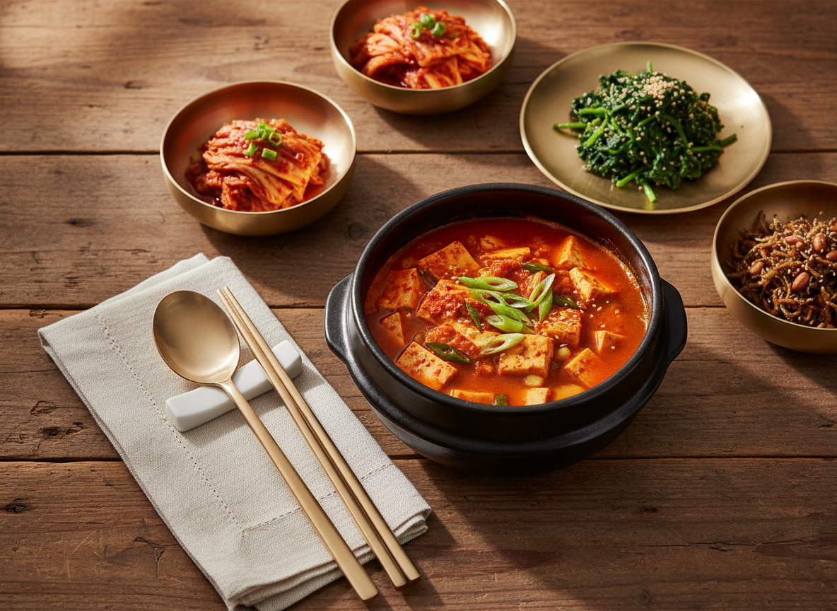 A vibrant overhead photographic shot of a rustic wooden table overflowing with iconic Korean comfort foods, showcasing a playful food magazine style. At the center, a bubbling earthenware bowl of bright red kimchi jjigae with tofu and scallions, surrounded by glossy brass banchan plates holding kimchi, seasoned spinach, and crispy anchovies. A neatly arranged metal spoon and chopsticks rest on a folded linen napkin. Soft natural daylight from the side creates gentle highlights on the glossy broths and ceramics, casting subtle, inviting shadows. The background is slightly blurred wood grain, keeping focus on the colorful dishes. The mood is warm, fun, and appetizing, with photographic realism, rich saturated colors, and a clean, editorial composition inspired by top food magazines.