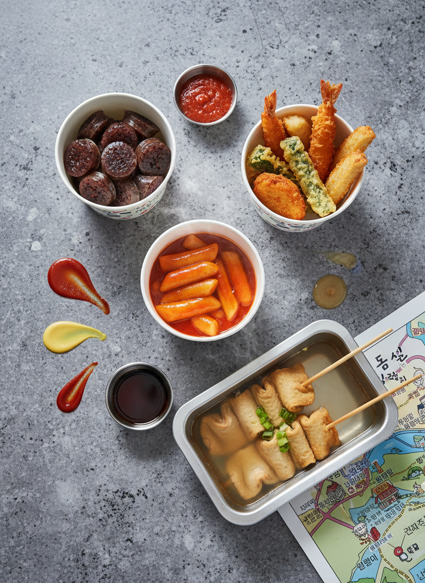 A playful, photographic flat-lay of a Seoul alleyway snack spread arranged on a mottled grey stone tabletop, mimicking a street-food treasure map. Tightly grouped paper cups hold tteokbokki in a fiery orange-red sauce, crisp twigim pieces, and dark, glossy soondae slices, while a shallow stainless tray shows freshly grilled fish cakes on skewers nestled in light broth. Brightly colored dipping sauces are drizzled in small pools, and a whimsical illustrated map of Seoul peeks from beneath one corner of the tray. Cool, diffused afternoon light from above eliminates harsh shadows, giving each item crisp detail. Composition follows the rule of thirds, with the tteokbokki as a bold focal point. The atmosphere is energetic, fun, and slightly mischievous, with saturated hues and photographic realism suitable for a dynamic food magazine feature.