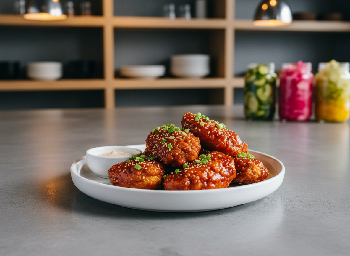 A close-up photographic scene of a perfectly plated modern Korean fusion dish on a matte white porcelain plate, set on a sleek concrete countertop. The dish features golden-brown, extra-crispy fried chicken glazed in a sticky, deep-red gochujang sauce, sprinkled with finely chopped green onions and toasted sesame seeds, with a small ramekin of creamy dipping sauce beside it. In the softly blurred background, minimalist shelves display neatly stacked plates and jars of colorful pickled vegetables. Warm pendant lighting from above creates glossy highlights on the sauce and a gentle shadow beneath the plate. Shot at a slightly elevated three-quarter angle with shallow depth of field, the atmosphere is trendy, playful, and urban, echoing a stylish food magazine spread with photographic realism and punchy, vivid colors.