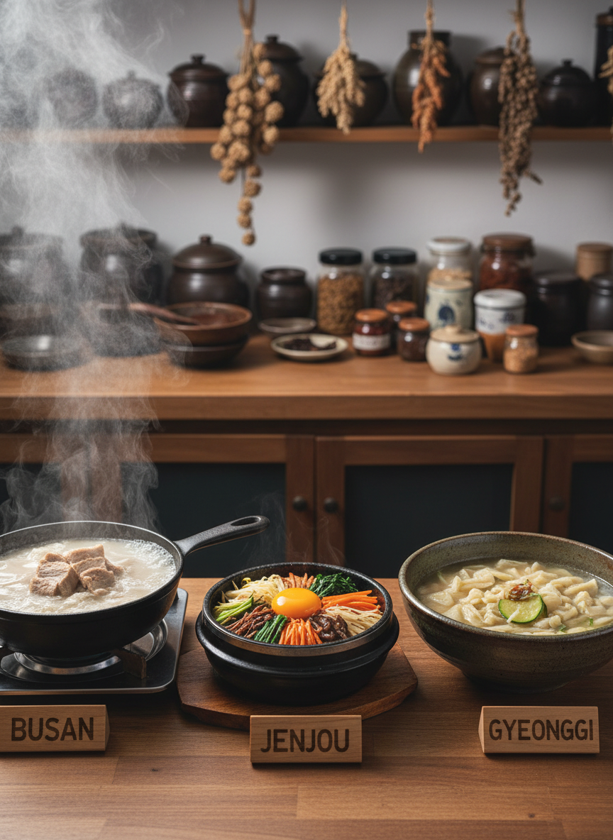 A photographic, eye-level shot of a long wooden counter filled with regional Korean specialties from across the country, styled like a playful tasting tour for a food magazine. On the left, a sizzling hotplate of Busan-style dwaeji gukbap with steam rising; in the center, a Jeonju bibimbap in a stone bowl with neatly arranged colorful vegetables and a gleaming raw egg yolk; on the right, a Gyeonggi-style sujebi soup in a wide ceramic bowl with hand-torn noodles floating. Each dish is labeled with small wooden signs embossed with province names. Soft, diffused overhead lighting evenly illuminates the dishes, creating gentle reflections on broths and bowls. The background fades into a subtle bokeh of shelves and spice jars, highlighting the food. The mood is adventurous, cozy, and curious, emphasizing photographic realism and editorial clarity.