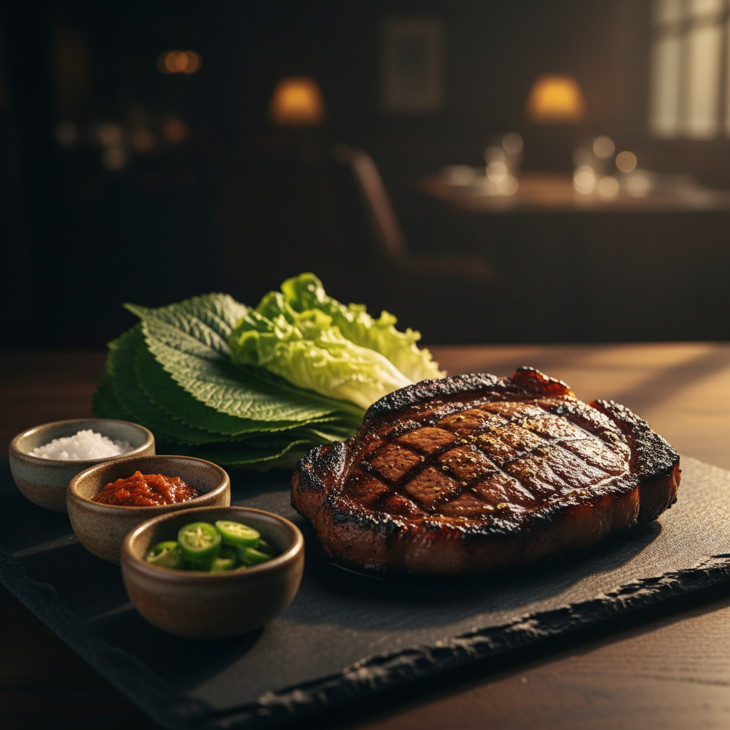 A richly detailed photographic close-up of a single, iconic local specialty spotlighted like a star dish in a food magazine. Centered on a slate serving board sits a perfectly grilled Jeju black pork steak, its surface charred to a dark caramelized crust with visible grill marks and glistening juices. Around it, small ceramic dishes hold coarse sea salt, ssamjang, and freshly sliced green chili. A few perilla leaves and crisp lettuce leaves fan out neatly to one side. Warm golden-hour light from the right creates a dramatic side glow, emphasizing texture and casting soft elongated shadows, while the background dissolves into a dark, velvety bokeh that hints at a cozy restaurant interior. Shot from a low, slightly angled perspective, the mood is indulgent, intimate, and luxurious, with high-contrast photographic realism that makes the dish feel irresistibly special.