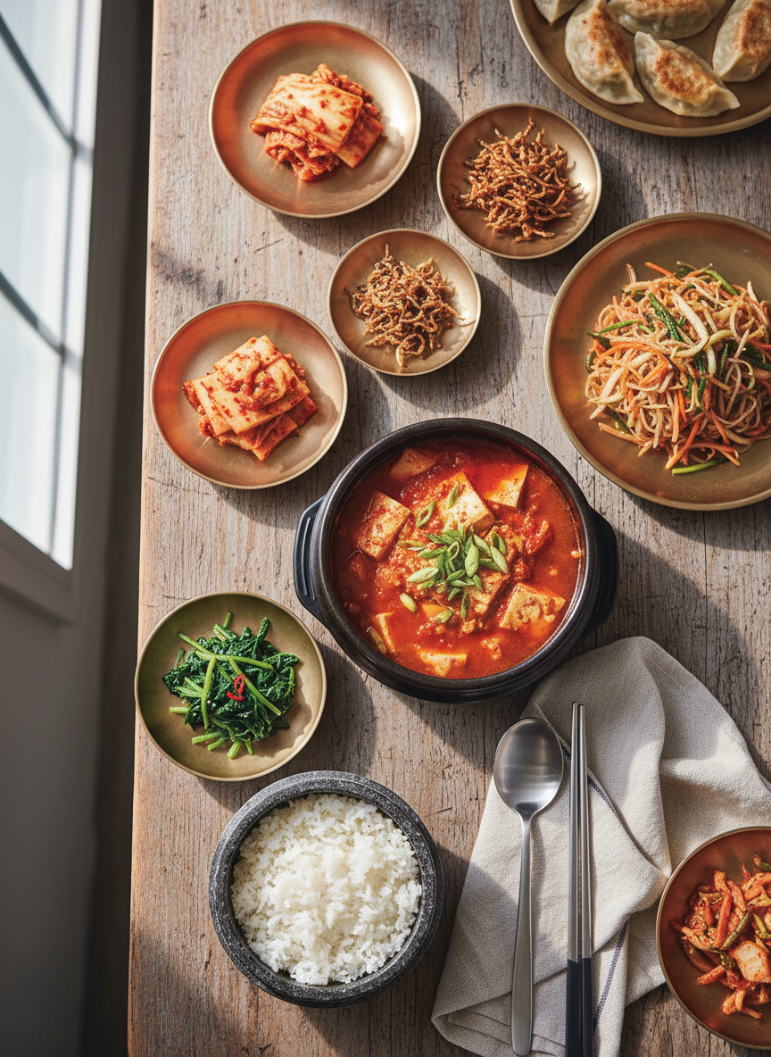 A vibrant overhead photographic shot of a rustic wooden table overflowing with iconic Korean comfort foods, showcasing a playful food magazine style. At the center, a bubbling earthenware bowl of bright red kimchi jjigae with tofu and scallions, surrounded by glossy brass banchan plates holding kimchi, seasoned spinach, and crispy anchovies. A neatly arranged metal spoon and chopsticks rest on a folded linen napkin. Soft natural daylight from the side creates gentle highlights on the glossy broths and ceramics, casting subtle, inviting shadows. The background is slightly blurred wood grain, keeping focus on the colorful dishes. The mood is warm, fun, and appetizing, with photographic realism, rich saturated colors, and a clean, editorial composition inspired by top food magazines.